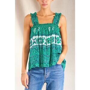 M.A.B.E. UK $146 STEVIE BLOCK PRINT RUFFLE BOHO HIPPIE TOP MADE IN INDIA  L